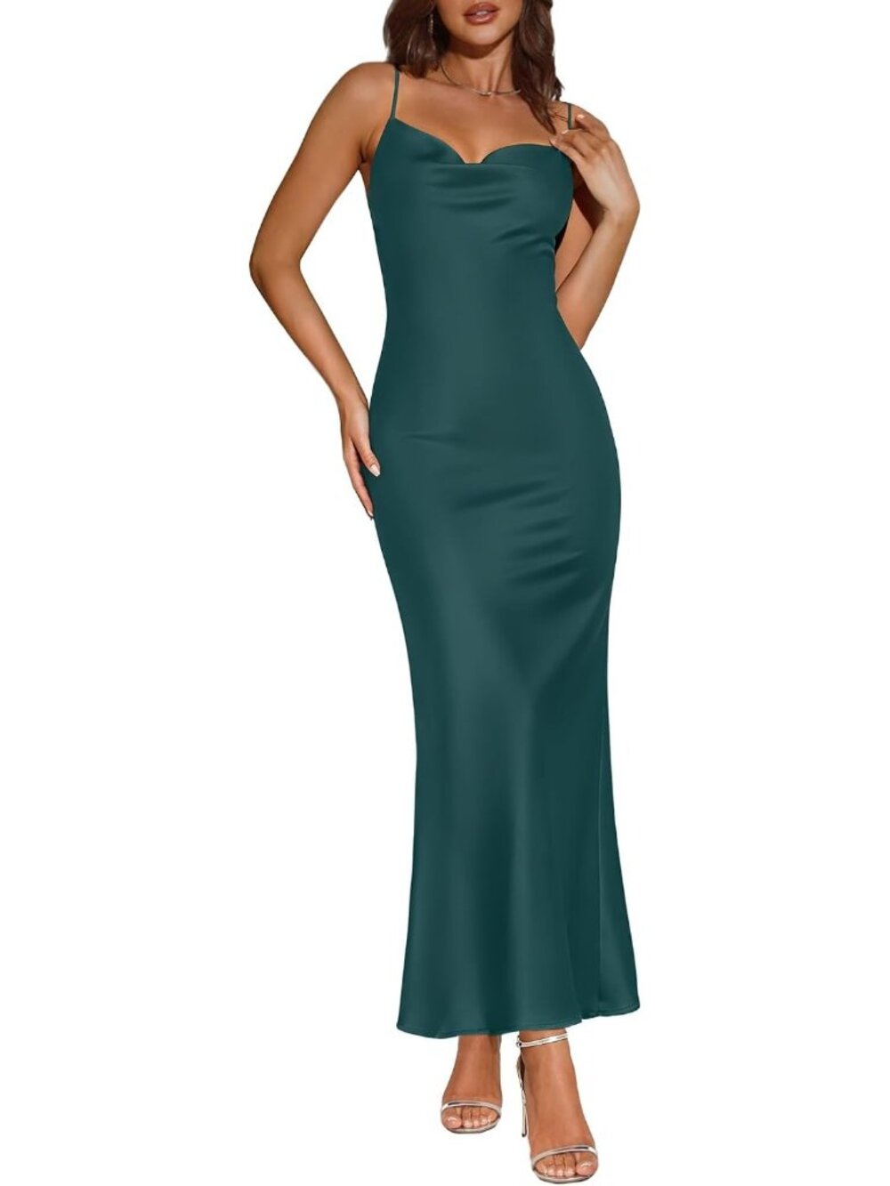 Women's Dark Blue Elegant Cowl Neck Silk Slip Wedding Guest Long Midi Dresses
